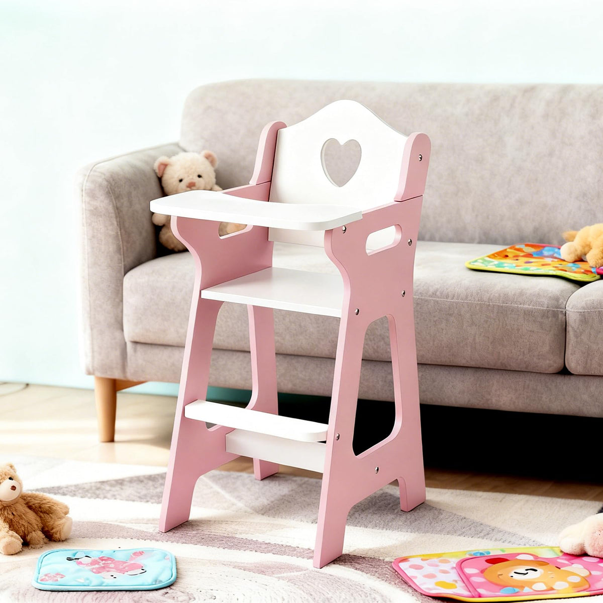 PHOKID doll high chair's sturdy wooden frame ensures stable pretend feeding sessions.