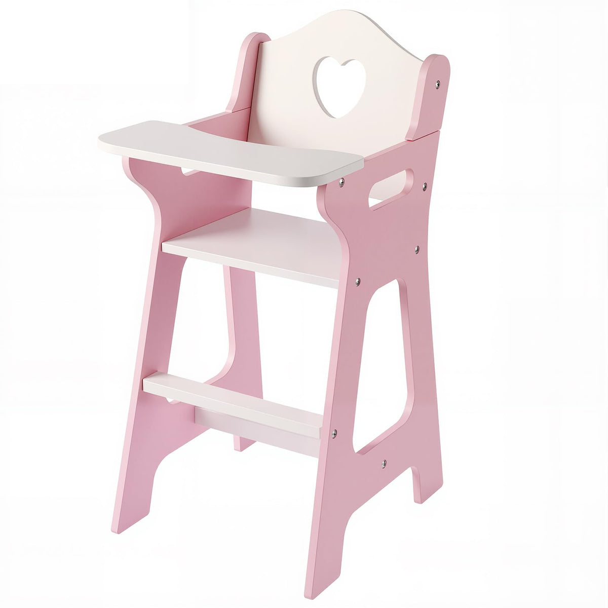 PHOKID doll high chair wooden pink backrest with heart cutout for imaginative feeding play.