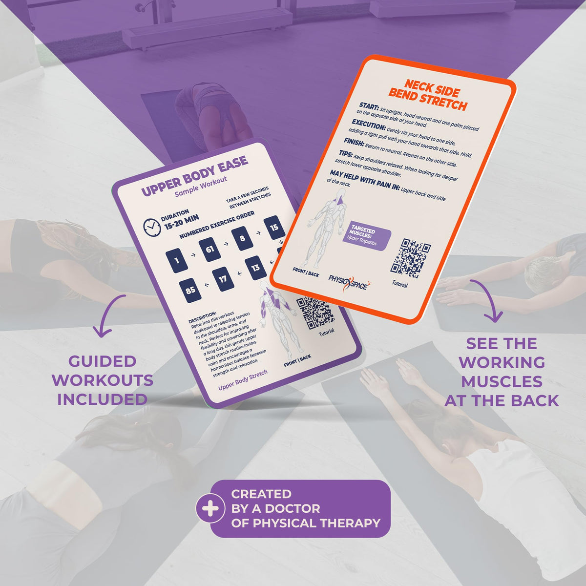 PhysioSpace dynamic card demonstrates warm-up stretches for movement prep.