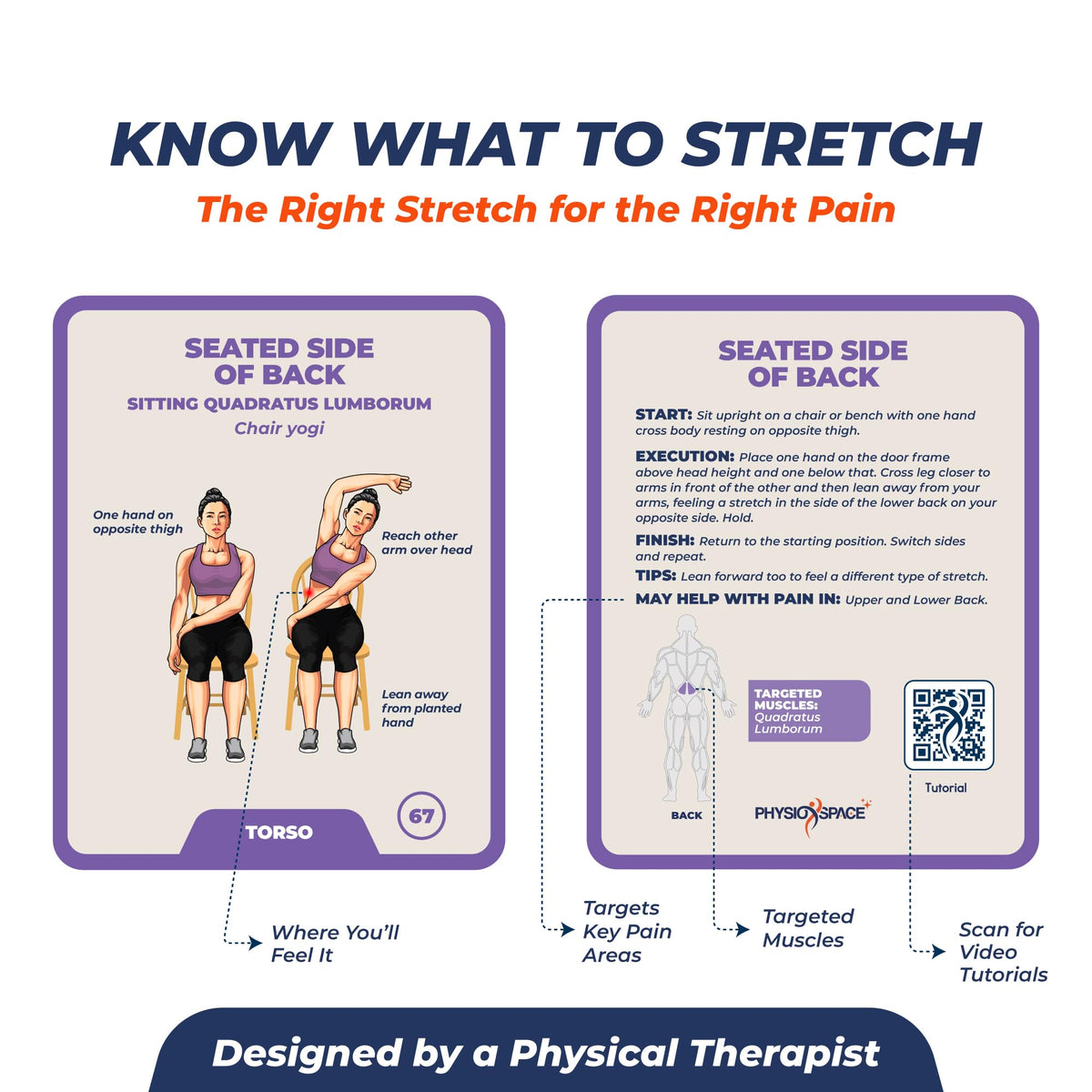 PhysioSpace upper-body illustration card highlights shoulder stretches with clear cues.