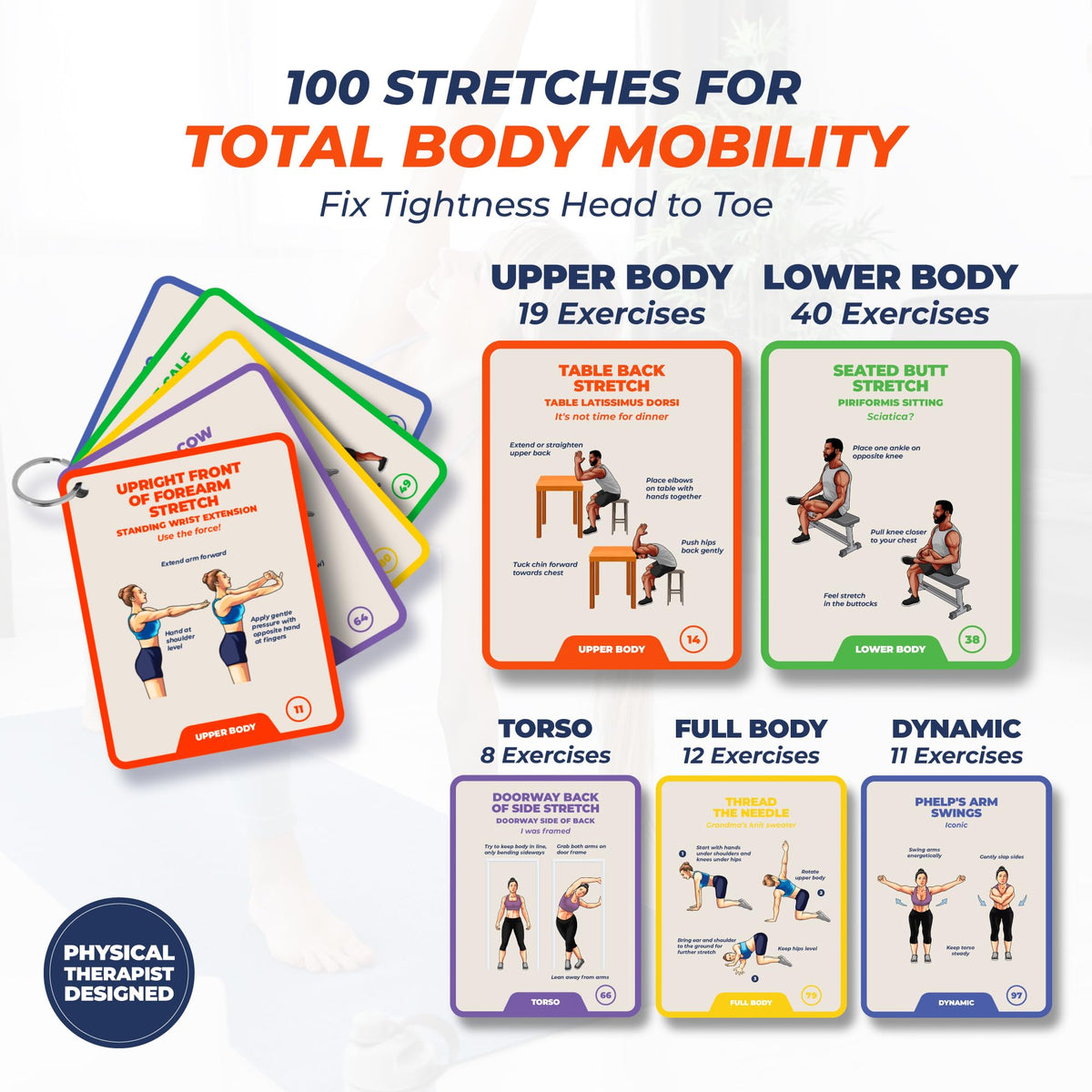 PhysioSpace Stretching Cards ring-bound for durable home or travel use.