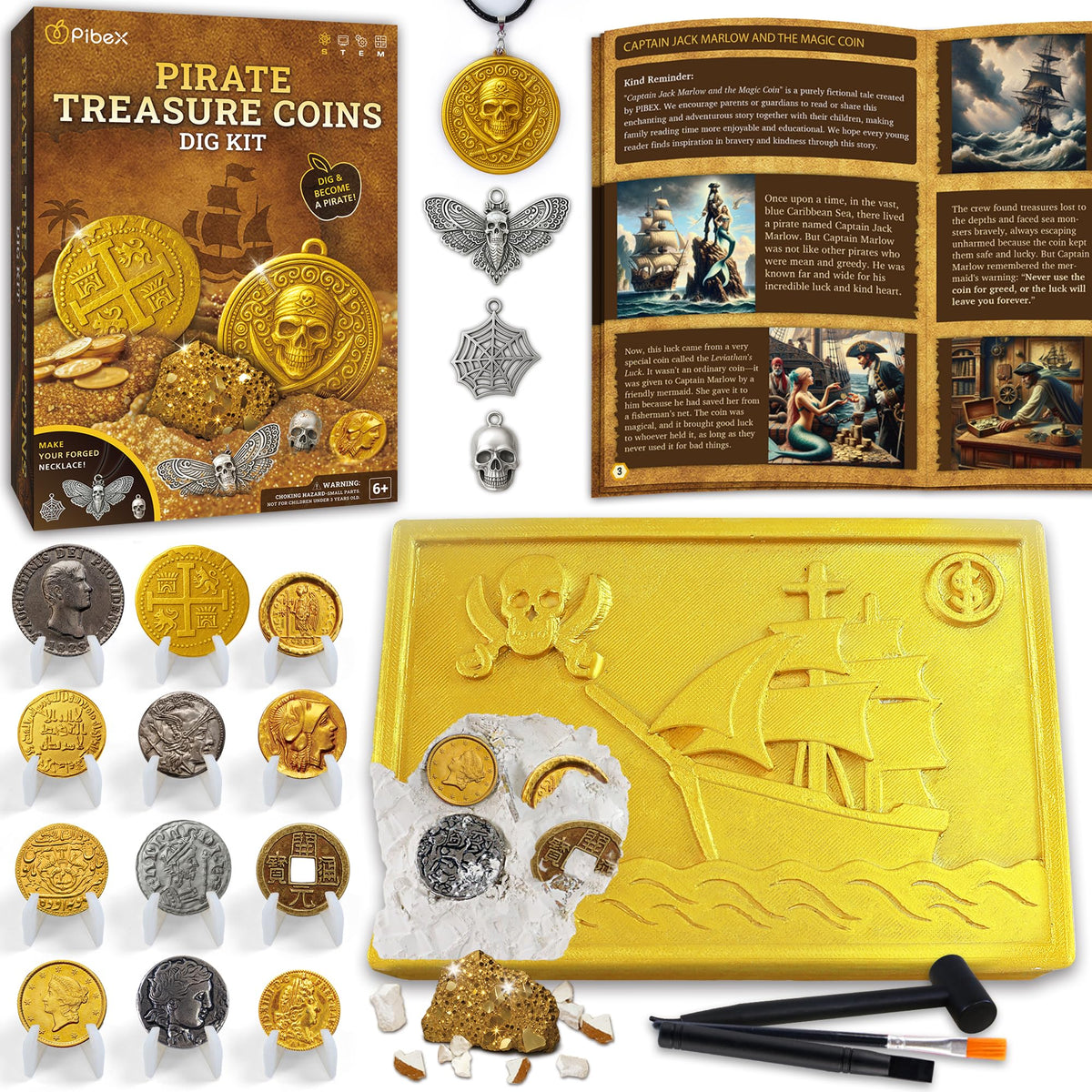 PIBEX Pirate Coins Dig Kit shows realistic coin replicas for kid treasure hunts.