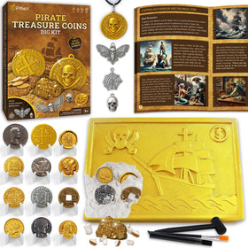PIBEX Pirate Coins Dig Kit shows realistic coin replicas for kid treasure hunts.