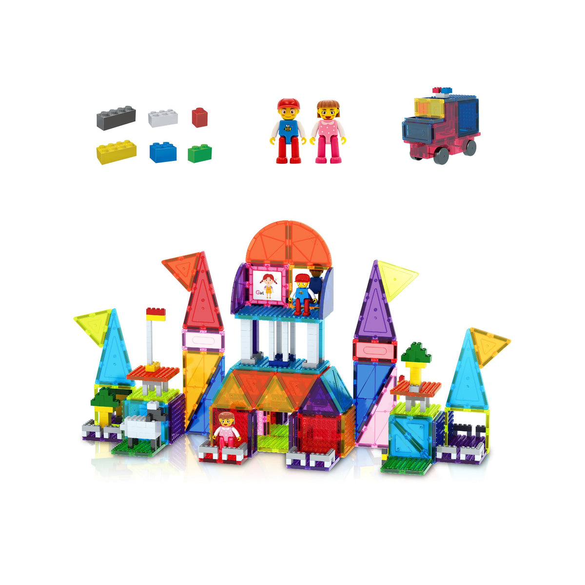 PicassoTiles 333pcs magnetic brick tile combo set front view for creative open-ended construction.