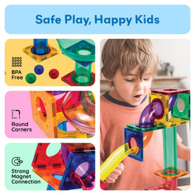 PicassoTiles colorfully interlocking pieces inspire layered track designs and imagination.