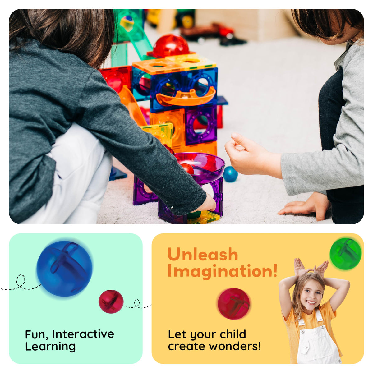PicassoTiles funnels guide marbles through guided paths for cause-and-effect play