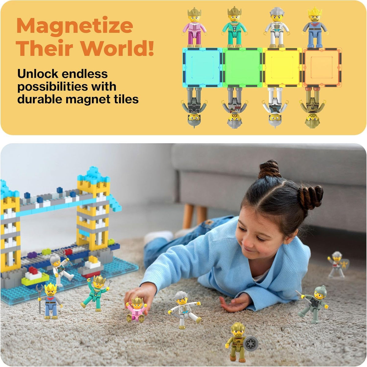 PicassoTiles imaginative play scene with castle walls and figures.