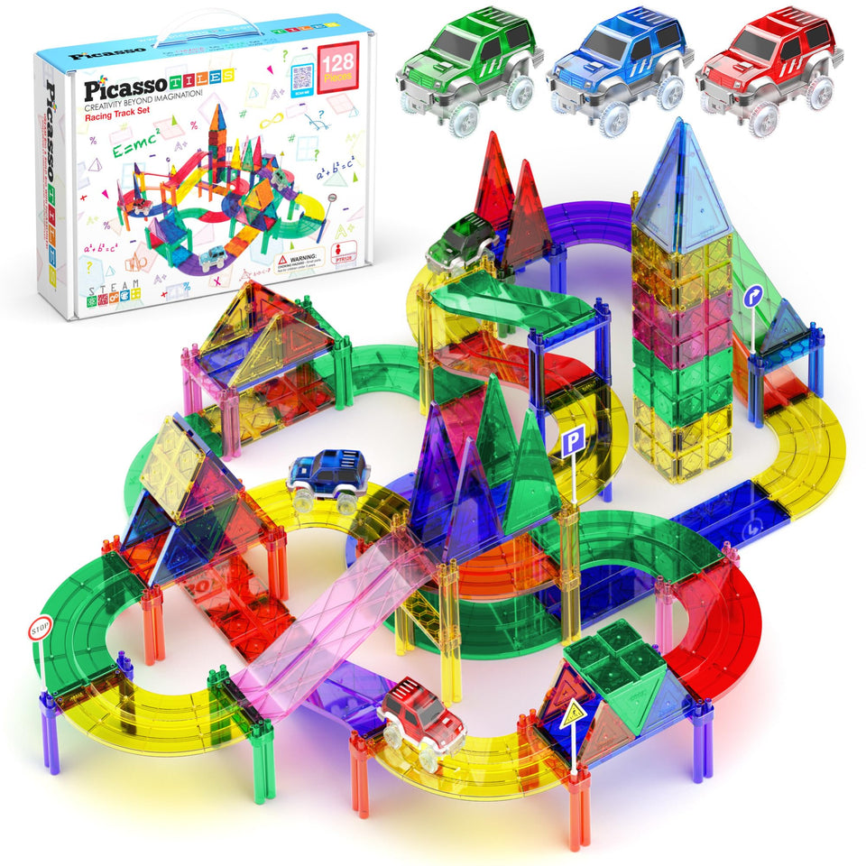 PicassoTiles LED race cars for engaging, tactile play and fine motor practice.