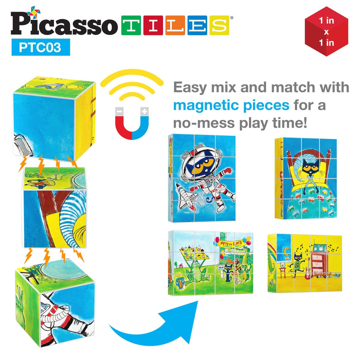 Bright Pete the Cat illustrations appear as cubes rotate for visual recognition