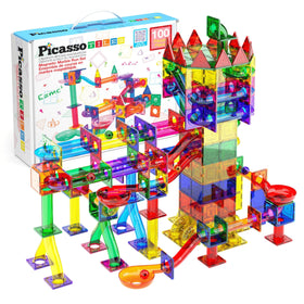 PicassoTiles marble run set with magnetic tiles and steel balls for hands-on STEM learning