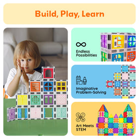 PicassoTiles multidirectional magnets enable building on tables, floors, or walls