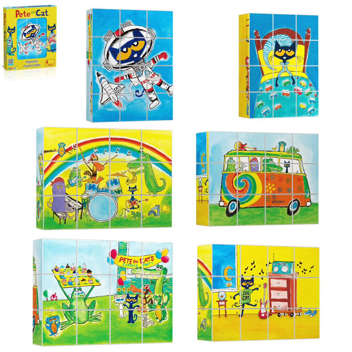 PicassoTiles Pete the Cat cube set front view encourages tactile puzzle play