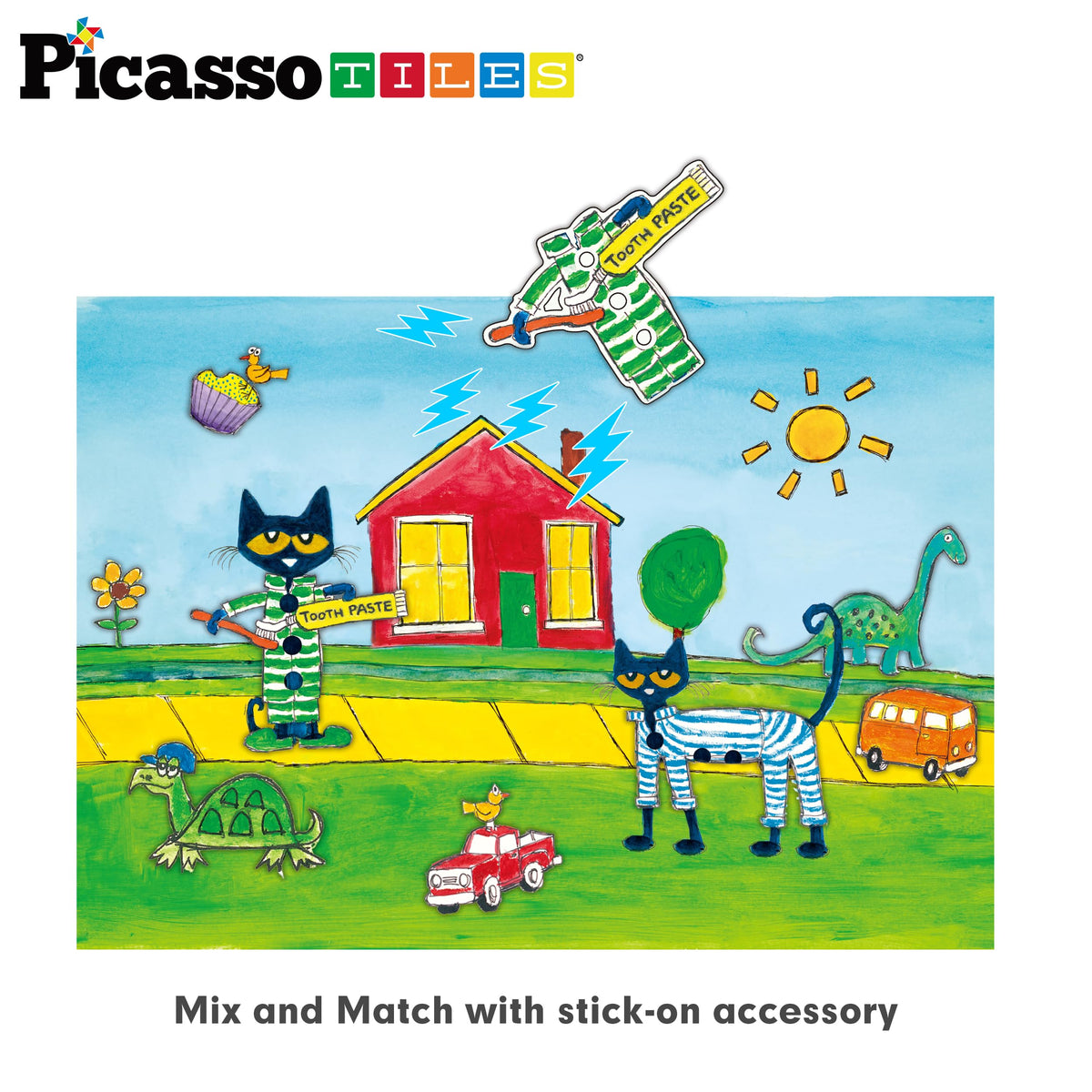 PicassoTiles Pete the Cat puzzle pieces enable mix-and-match adventures.