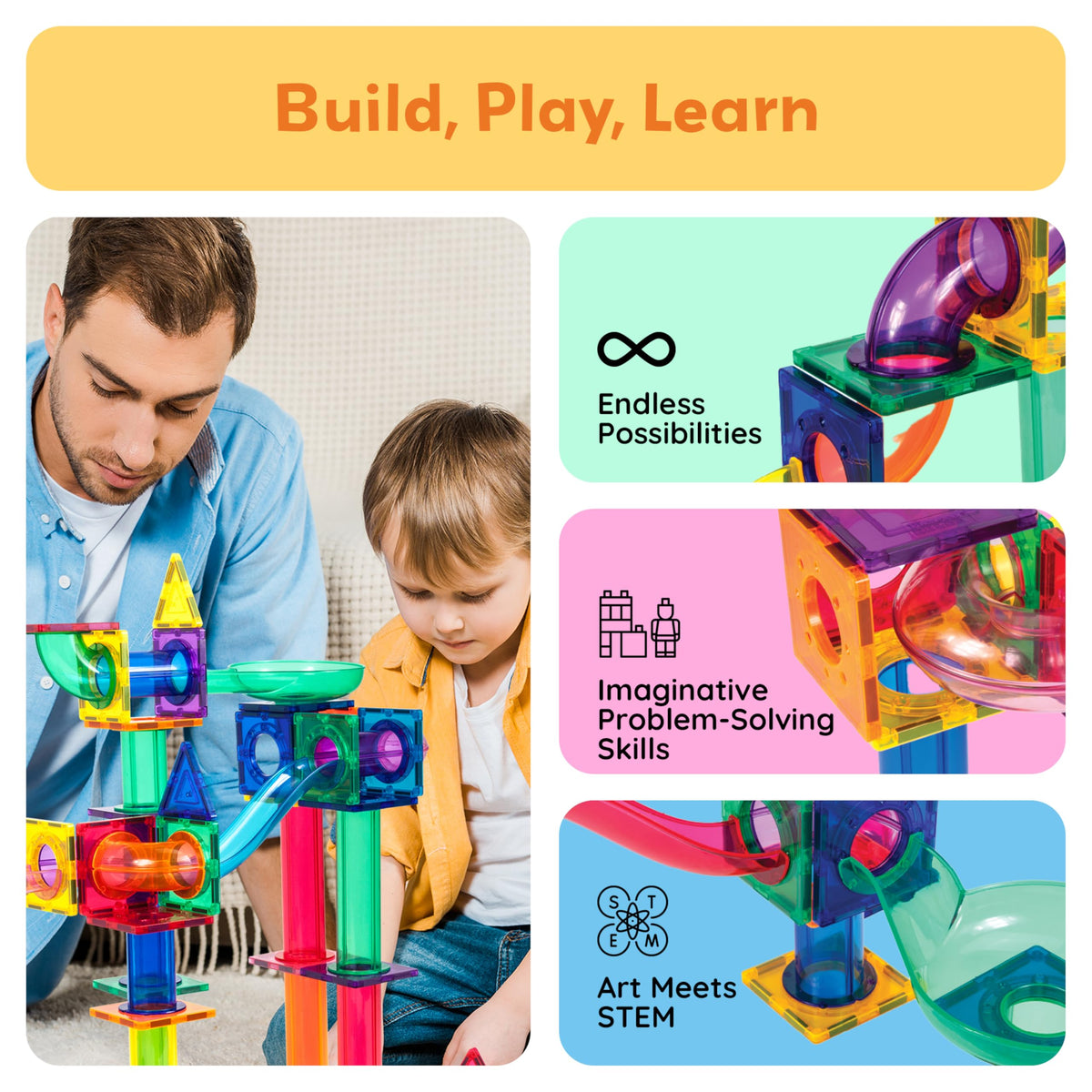 PicassoTiles racing track tiles showcase open-ended construction and dynamic marble movement