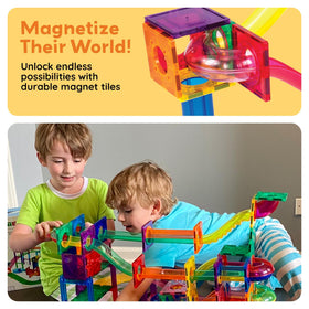 PicassoTiles slopes, funnels, and columns support dynamic marble runs.