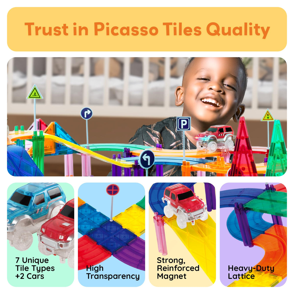 PicassoTiles street signs enhance pretend play and storytelling.