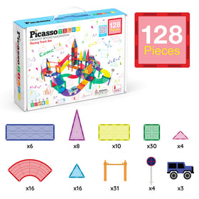 PicassoTiles track-build set showing magnetic tiles for creative design.