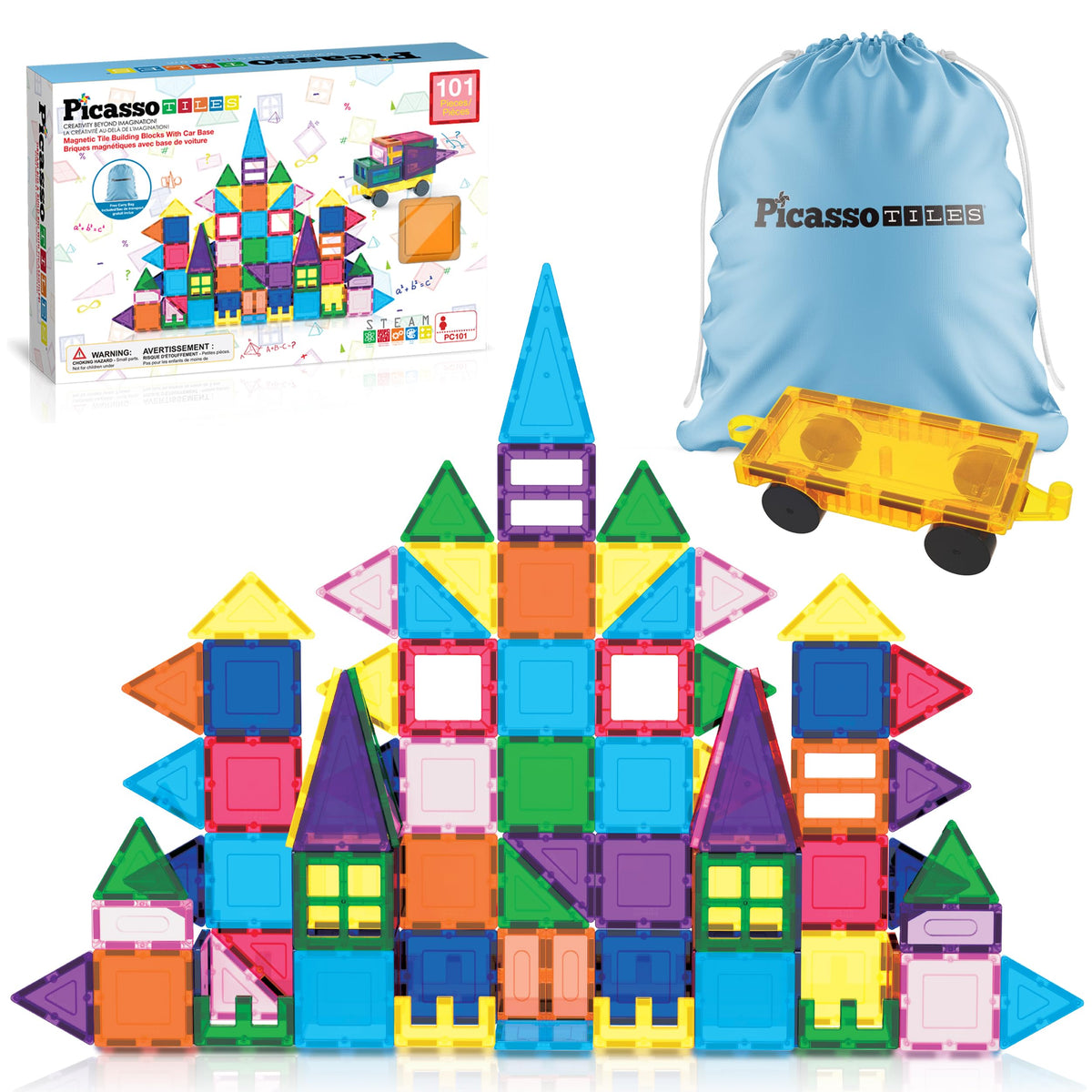 PicassoTiles 101-piece magnetic tiles with car and drawstring bag for easy storage