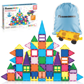 PicassoTiles 101-piece magnetic tiles with car and drawstring bag for easy storage