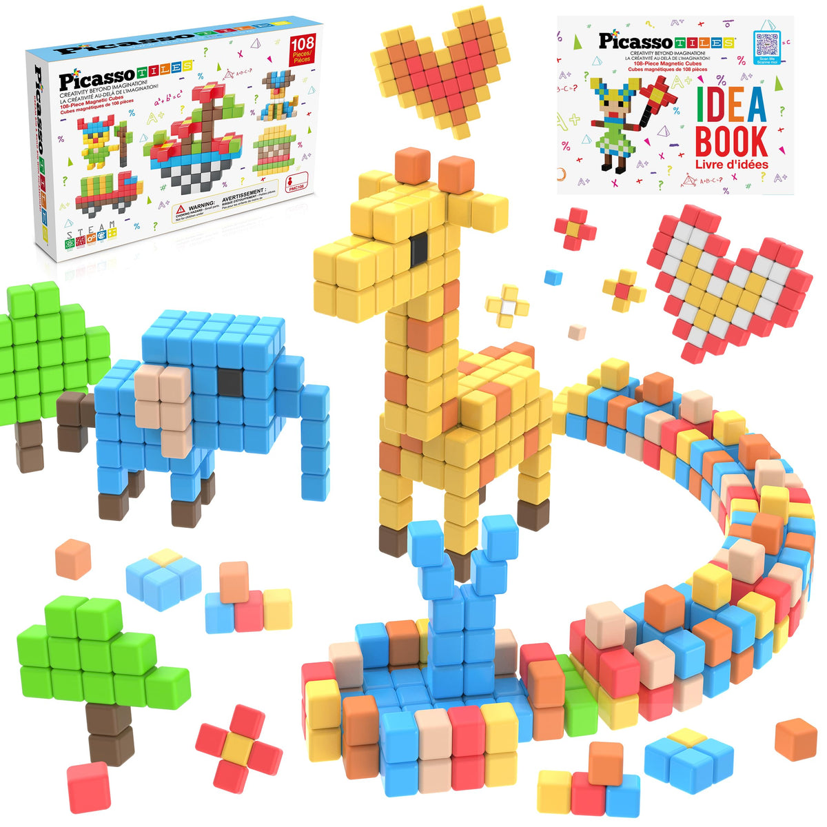 PicassoTiles 108-piece magnetic cube set for creative assembly and problem solving.