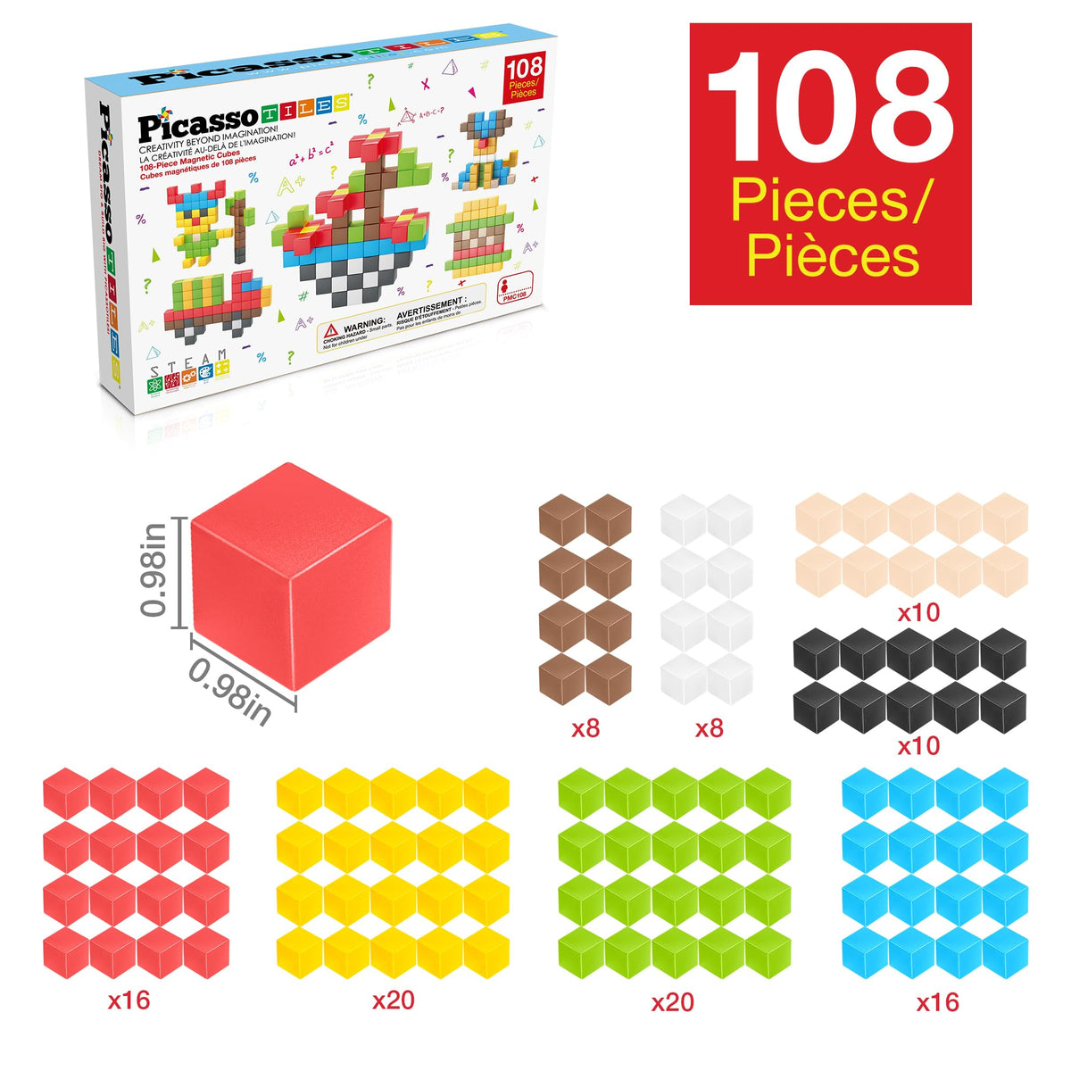 PicassoTiles magnetic connectors click together, teaching sequencing and pattern building.
