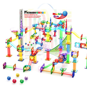 PicassoTiles 120pc marble run set with vibrant tiles for creative track building