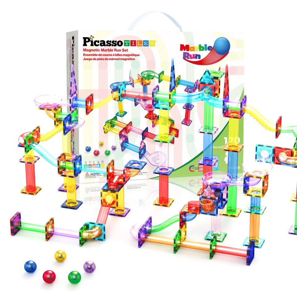 PicassoTiles 120pc marble run set with vibrant tiles for creative track building