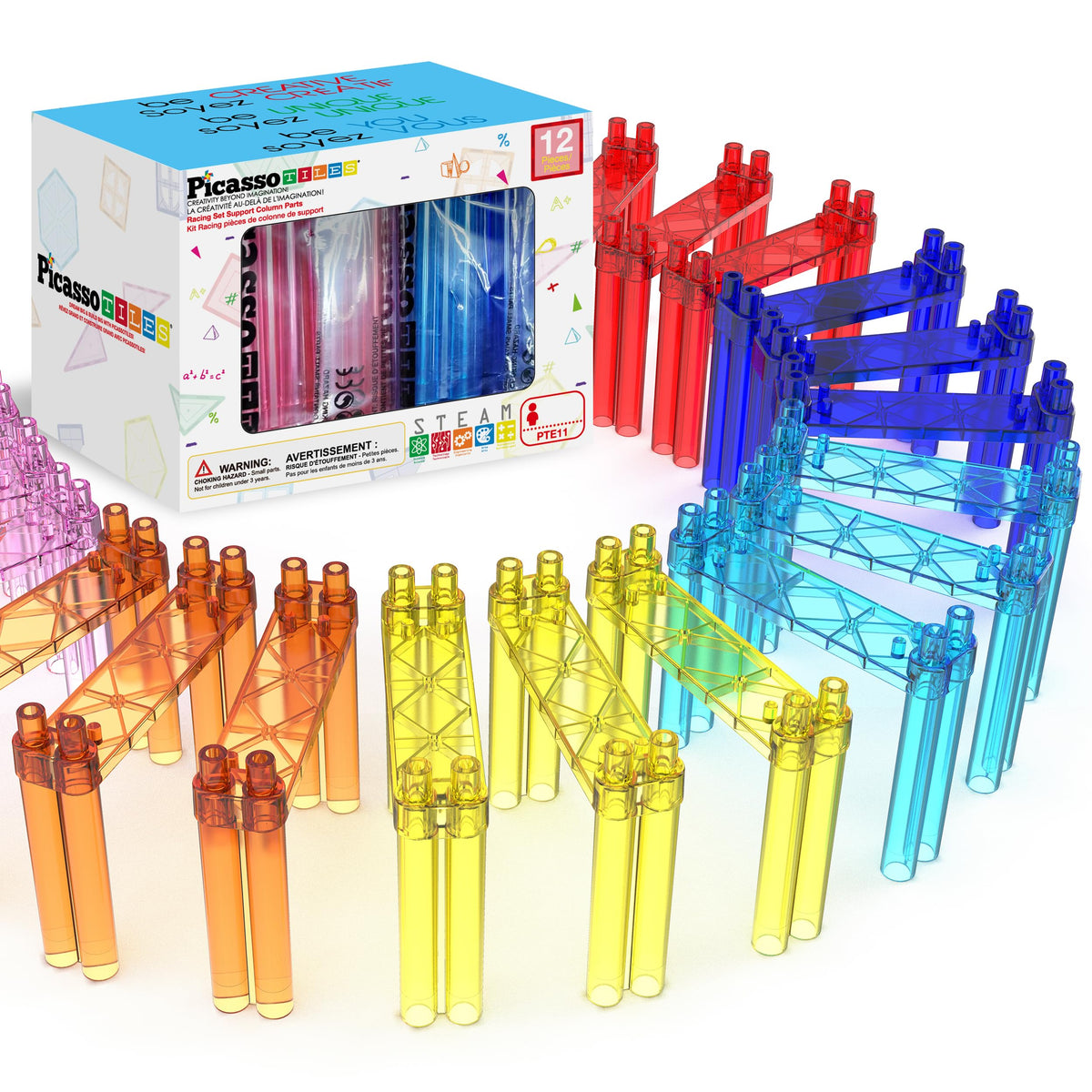 PicassoTiles 12-piece column expansion kit elevates marble runs for dynamic play.