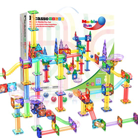 PicassoTiles 150pc magnetic marble run set with colorful tiles for hands-on STEM play.