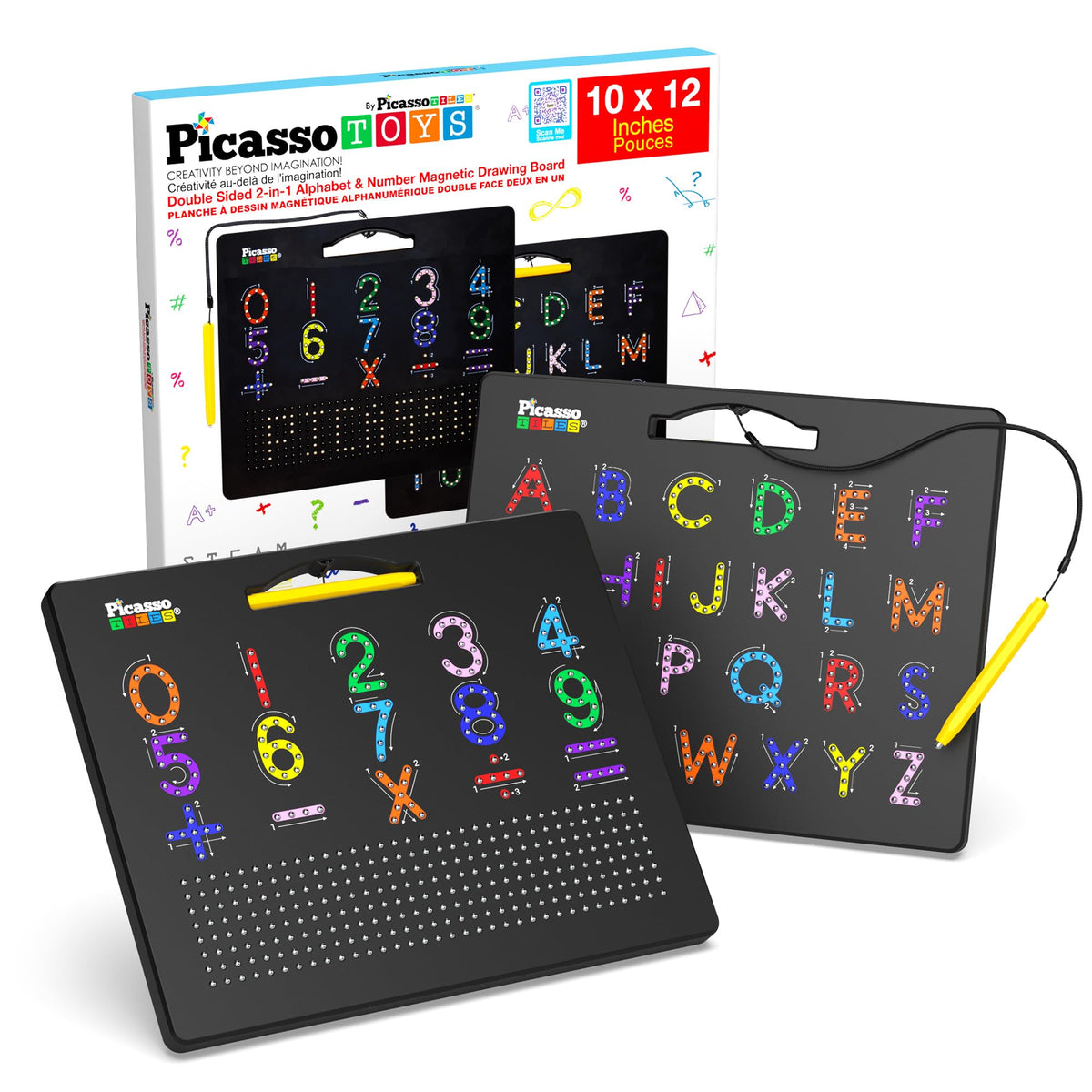 PicassoTiles 2in1 magnetic drawing board alphabet side supports early literacy practice.