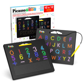 PicassoTiles 2in1 magnetic drawing board alphabet side supports early literacy practice.