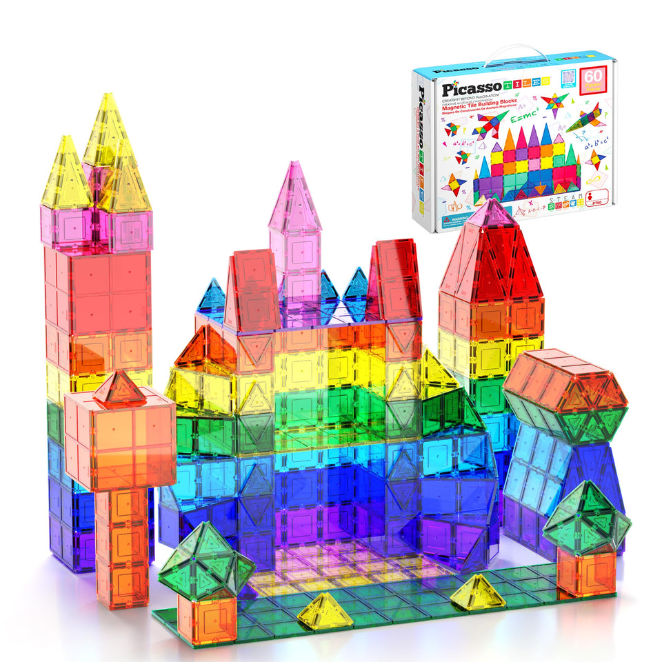 PicassoTiles 60-piece set front view shows vibrant magnets for creative STEM play