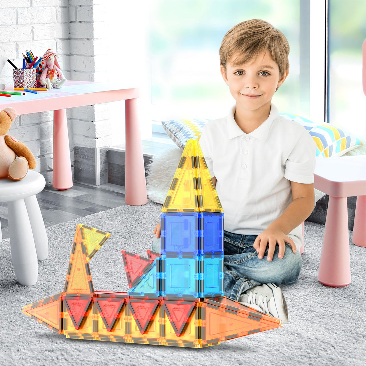 PicassoTiles 60-piece set side view, open box, emphasizes easy storage and access