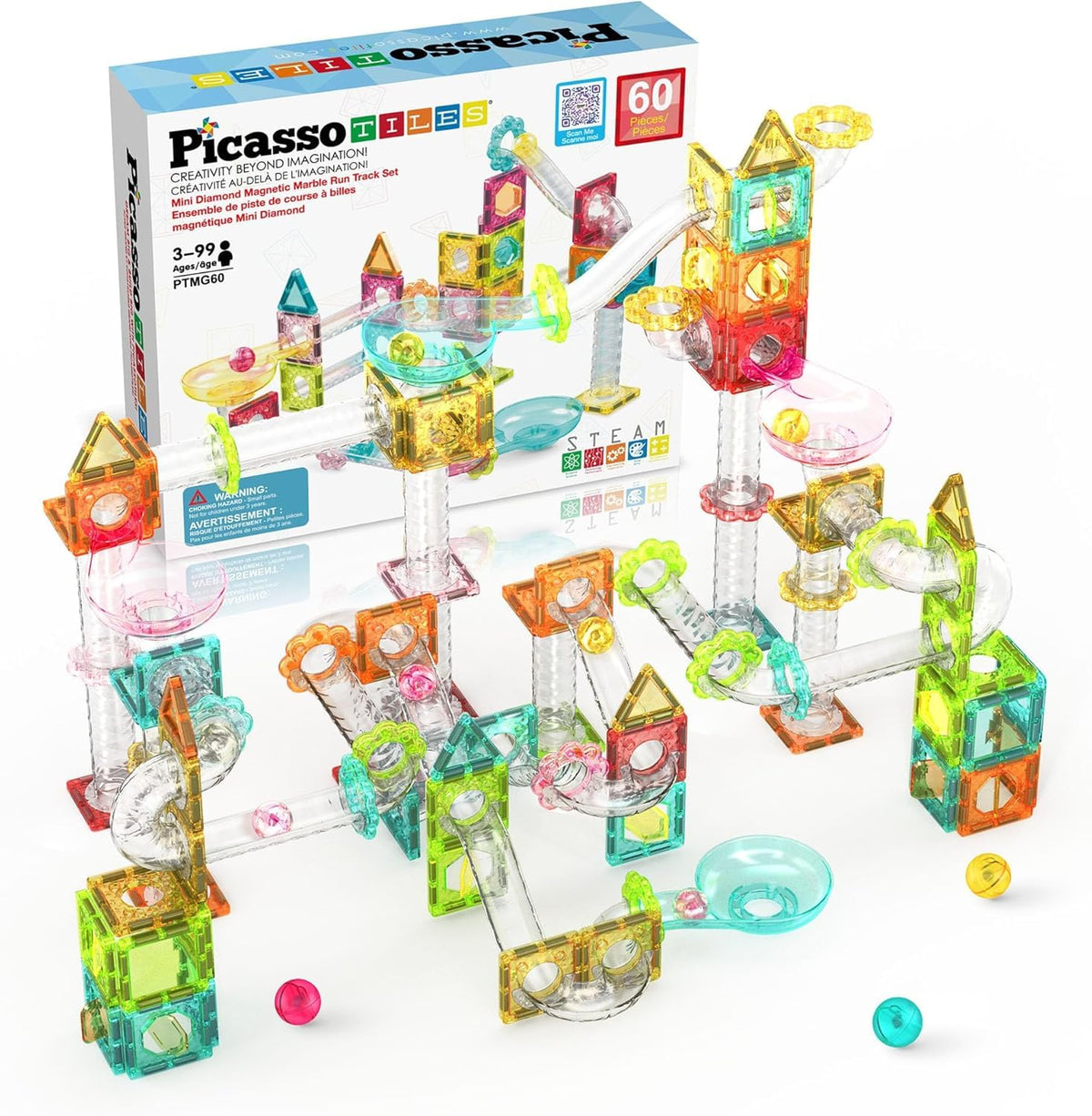 PicassoTiles 60pc diamond surface tile for engaging marble runs in small spaces.