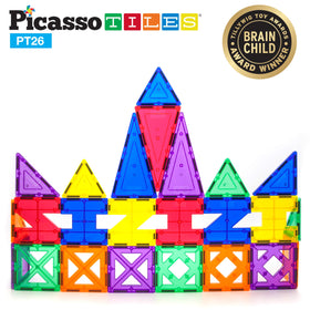 Close-up of PicassoTiles assembly playboard showing 3D designs.