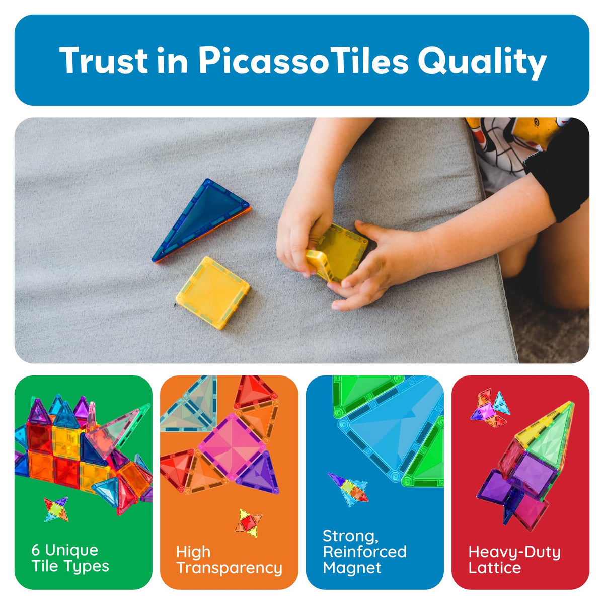 PicassoTiles BPA-free and non-toxic tiles ensure safe play.