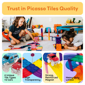 PicassoTiles child playing with tiles to build a dynamic race track