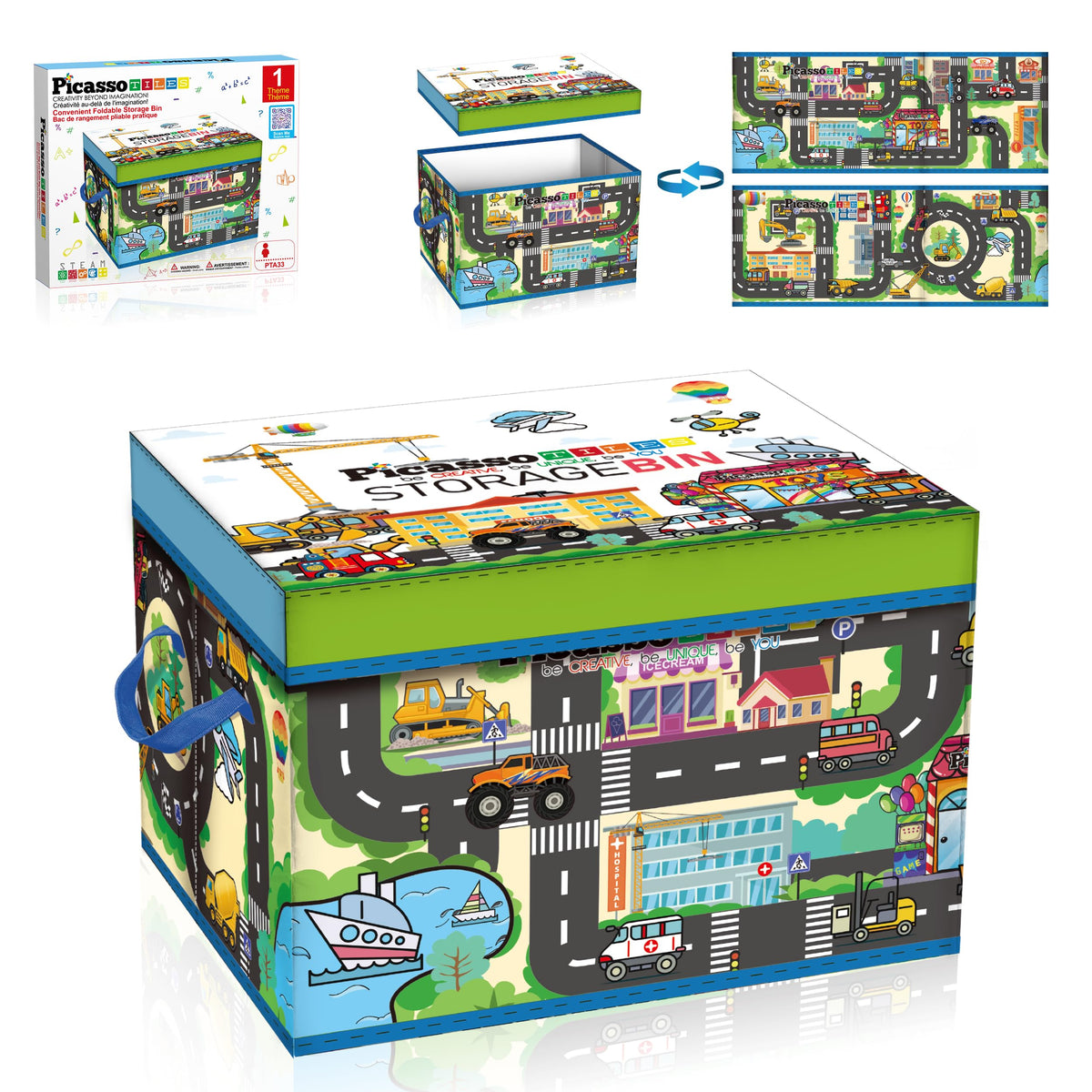 PicassoTiles city-themed storage box folded for portable playroom organization and easy cleanup.