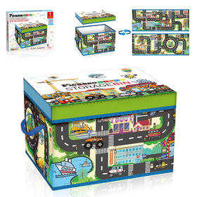 PicassoTiles city-themed storage box folded for portable playroom organization and easy cleanup.