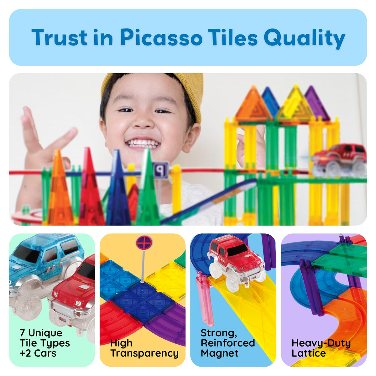 PicassoTiles classroom group play image emphasizing collaborative STEM building and focused problem solving.