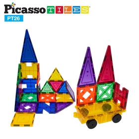 Clear PicassoTiles tiles help visualize structures during play.