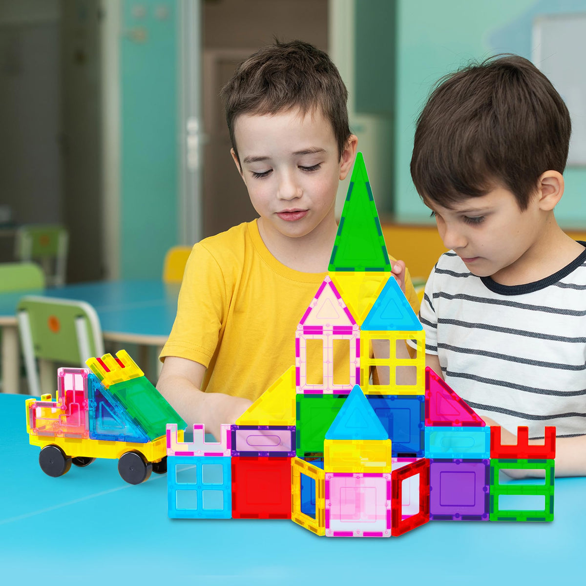 Colorful PicassoTiles magnetic tiles close-up for creative building
