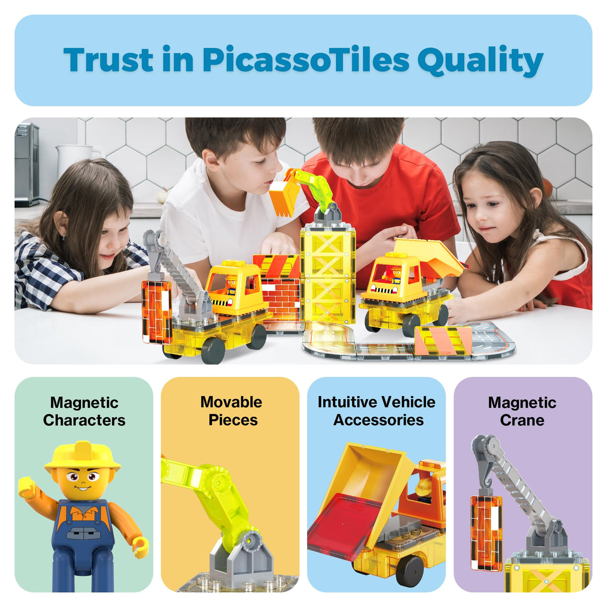 PicassoTiles construction themed tiles extend play across setups