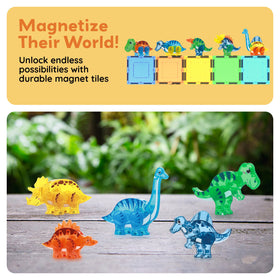 PicassoTiles Magnetic build-assembly in action with colorful dinosaur components.
