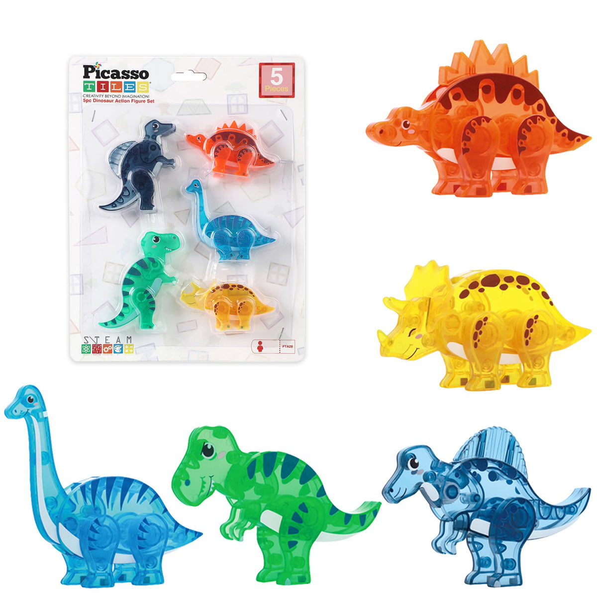 PicassoTiles Spinosaurus figure parts showcase vibrant magnets for easy mix-and-match play.