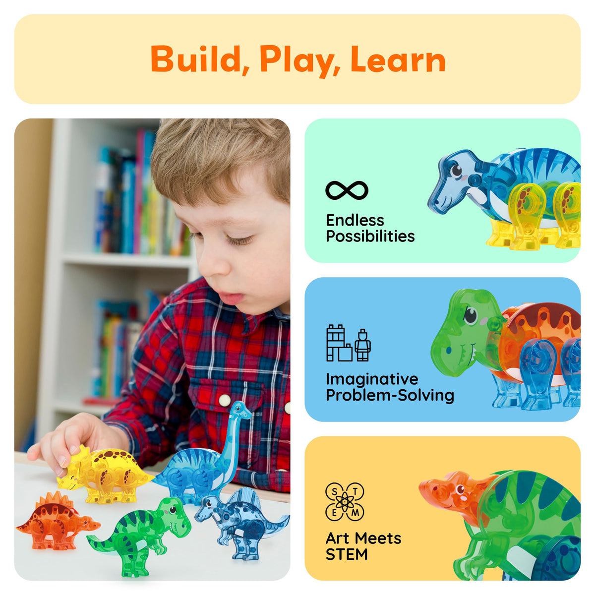 PicassoTiles Triceratops figure parts support hands-on STEM exploration.