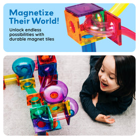 PicassoTiles easy-connect parts help kids build complex tracks.