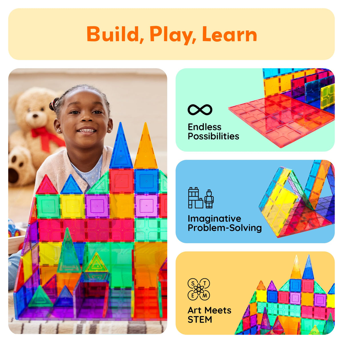 PicassoTiles easy stack tiles invite toddlers to explore shapes and balance.