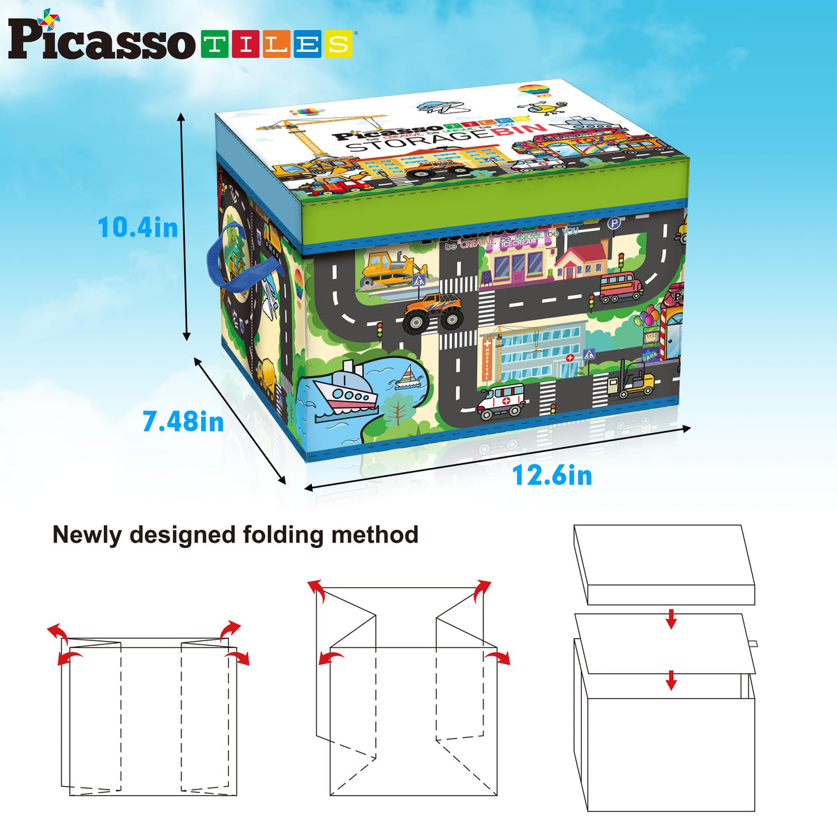 PicassoTiles foldable toy bin with lid and handles for quick setup and transport.
