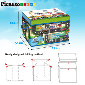 PicassoTiles foldable toy bin with lid and handles for quick setup and transport.
